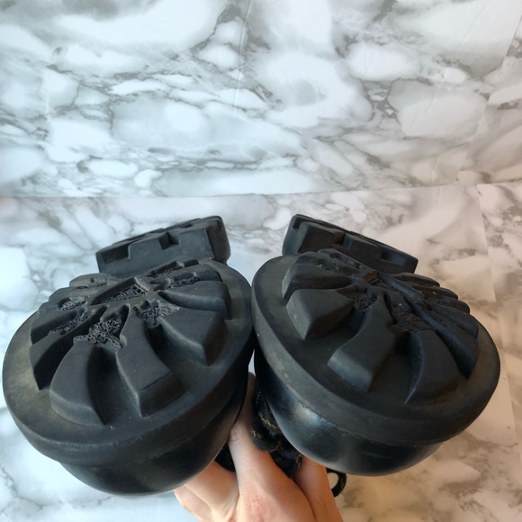 John Fluevog Black Chunky Platform Lace Up Combat Boots with Blue Angle Stripe - Picture 14 of 16